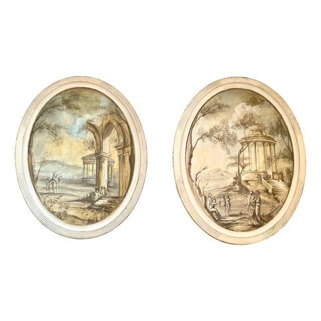 Tondos with Neoclassical Grisaille, 1800s, Oil Painting on Canvas, Framed, Set of 2 For Sale