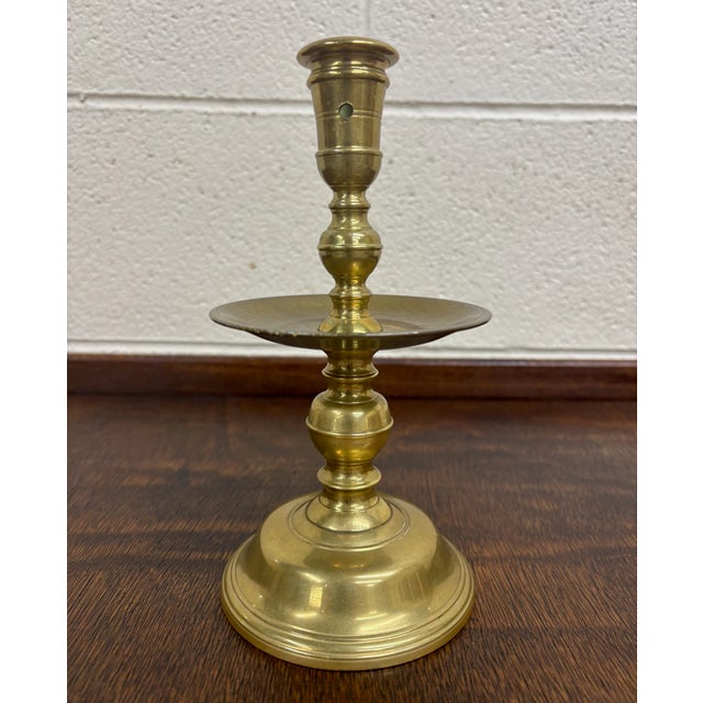 Metal Antique Brass Candlestick Chamberstick With Drip Tray For Sale - Image 7 of 8