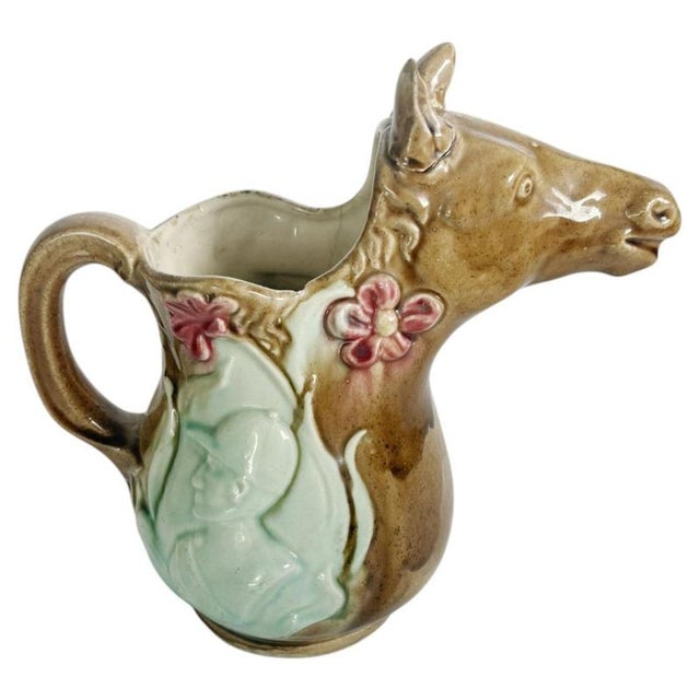 20th Century Majolica Pitcher with Horse Decoration, France For Sale - Image 13 of 13