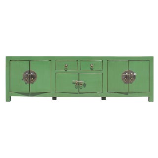 Chinese Distressed Medium Dark Moss Green Low Tv Console Table Cabinet For Sale