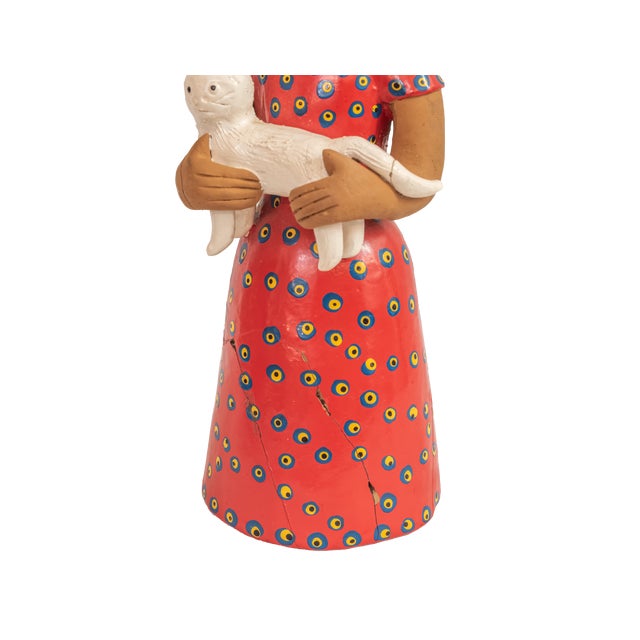 Early 20th Century Vintage Brazilian Folk Art Hand-Painted Clay Sculpture "Woman With Cat" For Sale - Image 5 of 5