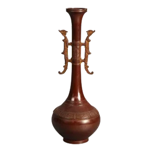 Chinese Bronze Vase with Enameled Floral Design & Dragon Handles, Early 20th Century