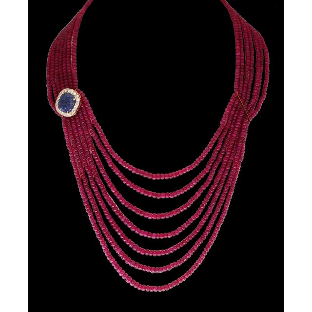 480 Ct 7 Layer Natural Smooth Ruby Bead Necklace 14k Gold Sapphire Diamond Clasp For Sale - Image 18 of 18