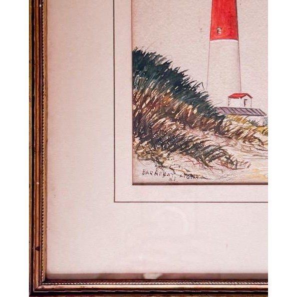 Red Signed 1938 J D Howard Original Watercolor Painting Historic Barnegat Lighthouse New Jersey Coastal Decor For Sale - Image 8 of 11