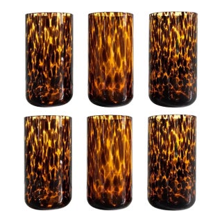 Italian Tortoise Shell Print Amber Brown Highball Glasses - Set of 6 For Sale