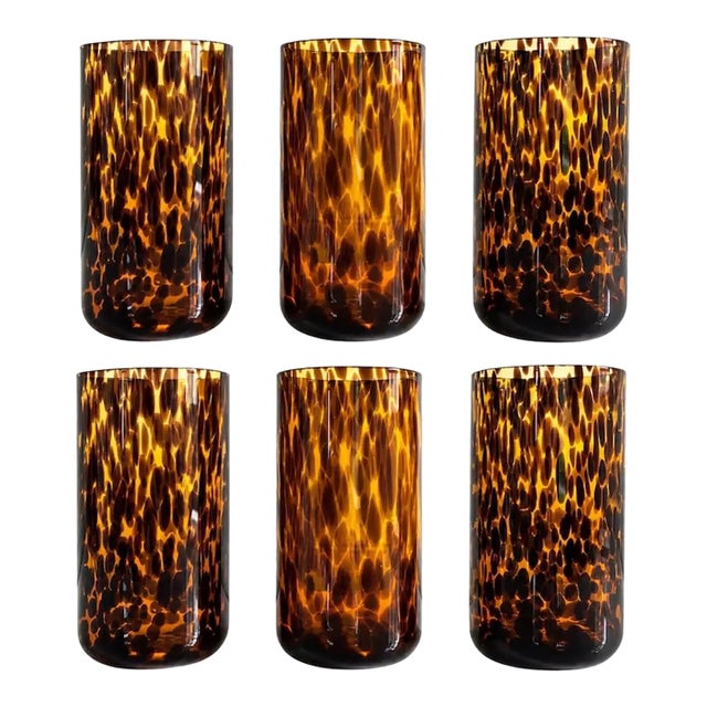 Italian Tortoise Shell Print Amber Brown Highball Glasses - Set of 6 For Sale