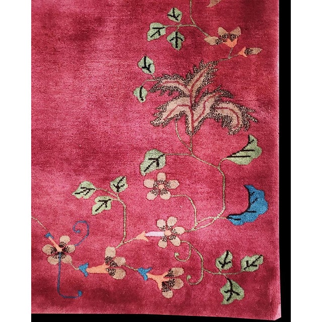 Early 20th Century 1920s Pink Cerise Floral Modern Antique Chinese Art Deco Rug 5' X 7'6" Hand Knotted Wool Carpet For Sale - Image 5 of 6