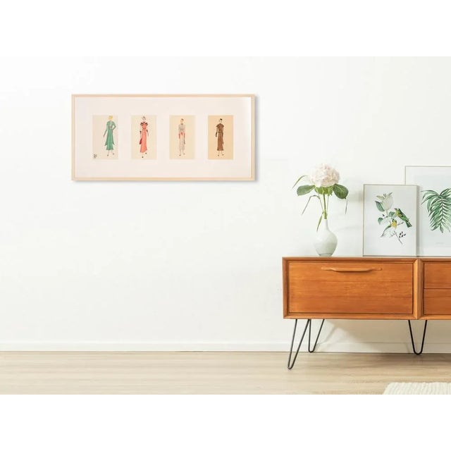 Fashion drawings from the 1920s in a set of 4. Colored pencil drawings on paper. Ready to hang framed with passe-partout...
