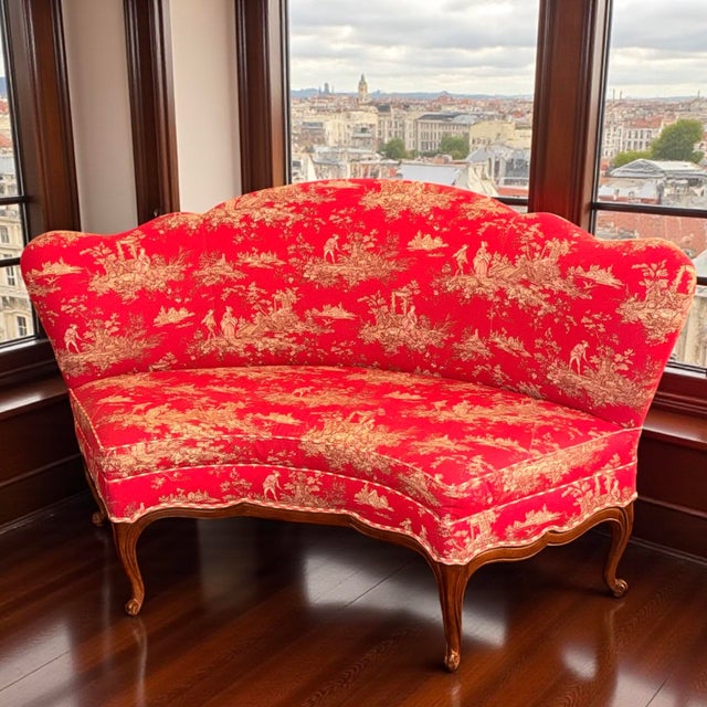 French Provincial Vintage French Heritage Red Toile Louis XV Curved Loveseat Sofa For Sale - Image 3 of 13