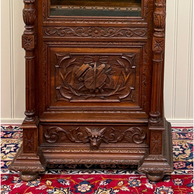 Traditional Antique French Renaissance Revival Scholars Bookcase Cabinet Carved Oak 19th C For Sale - Image 3 of 15