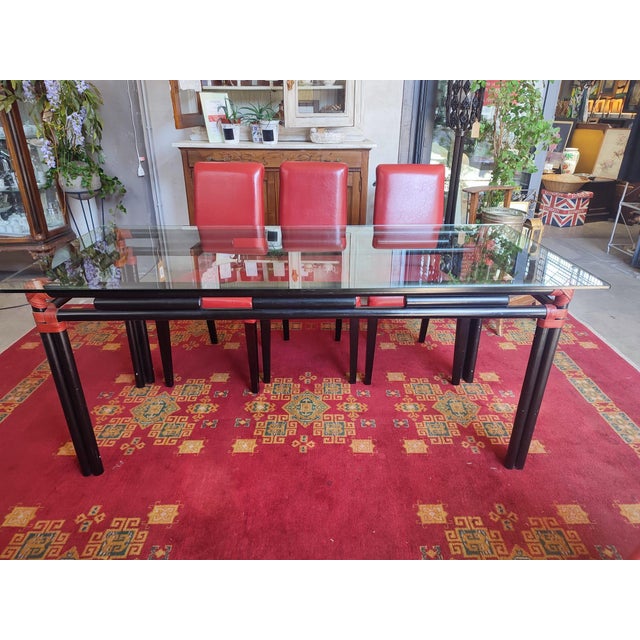 Black Lacquered Bamboo-Style Table with Glass Top and Red Leather Woven Straps, 1980s For Sale - Image 9 of 9