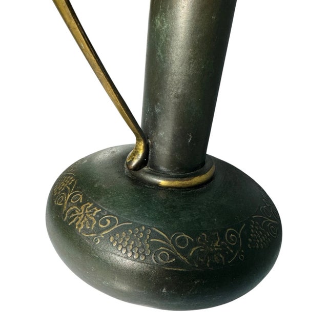 Brass Vintage Israeli Brass Bud Vase Ewer Grapevine Engraved Patina Israel For Sale - Image 8 of 14