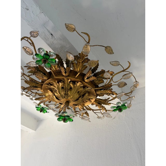 Glass Flush Mount Maison Baguès Crystal Green Flowers Leaves Chandelier 9 Lights For Sale - Image 7 of 11