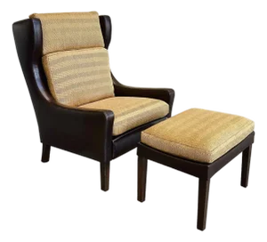Danish Modern Leather Wingback & Ottoman in the Style of Børge Mogensen