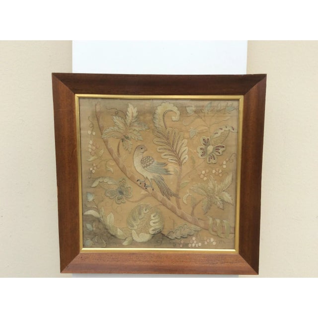 Great looking framed antique bird themed needlework picture in thick mahogany 19th Century frame. This has some minor...