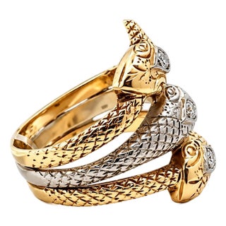 Mid 20th Century Estate Two-Tone 14k/10k Gold 3-Band Serpent Snake Diamond Ring, Size 6.5 For Sale