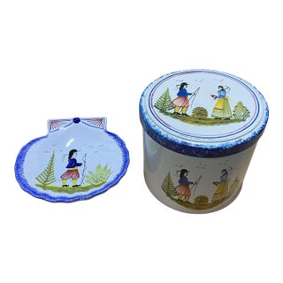 Vintage French Hb Henriot Quimper Faience Shell Dish & Matching Massilly Tin Set For Sale
