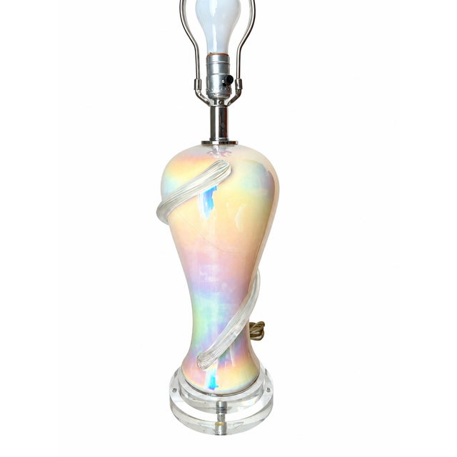 Iridescent Pearlescent Spiral Ribbon Table Lamp With Clear Tiered Base For Sale - Image 11 of 17
