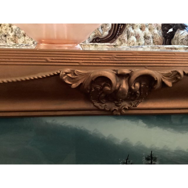 Black Antique Large Fancy Frame Reverse Painted Picture Catholic Church 47.25” X 19.25 Lovely Evening Moonshine Off Lake For Sale - Image 8 of 17