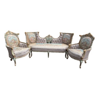 1940 French Louis XVI Pastel Beech Sofa Set - 3 Pc For Sale