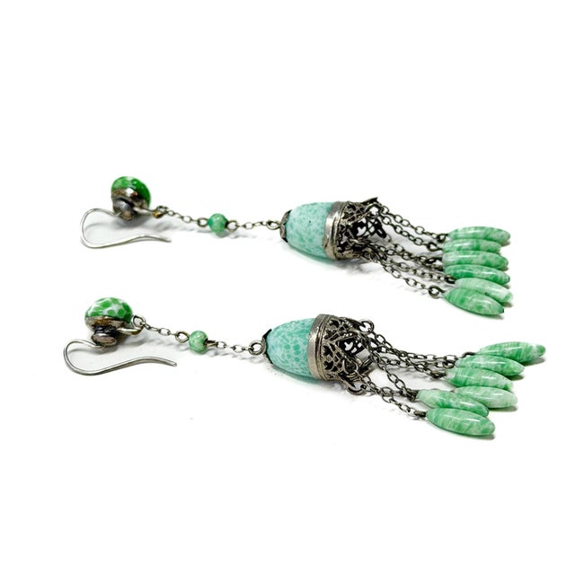 Art Deco Green Glass Beaded Tassel Earrings, 1920s, Set of 2 For Sale - Image 6 of 8