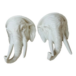 Vintage Italian Palm Beach Chinoiserie White Glazed Elephant Wall Brackets a Pair For Sale