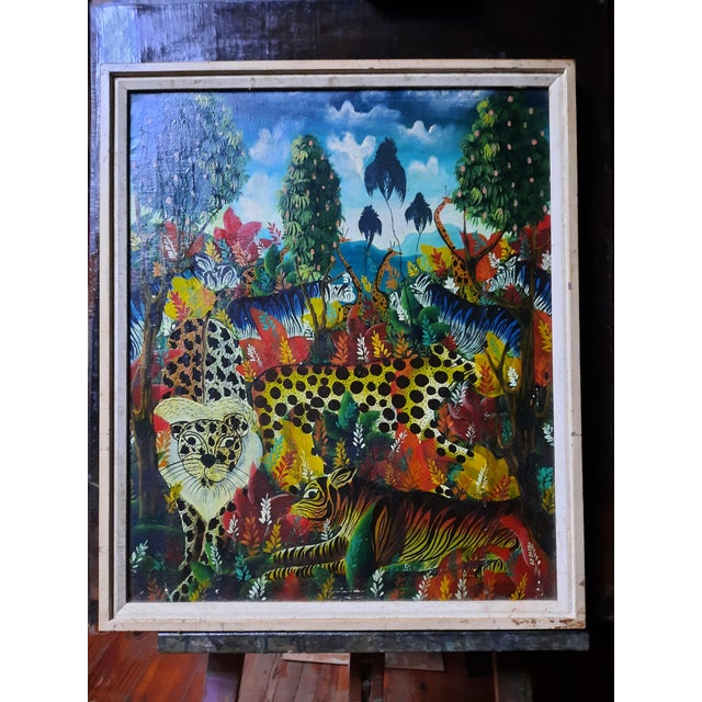 Vintage Smith Blanchard Folk Art Jungle Wildlife Framed Painting For Sale In New York - Image 6 of 9