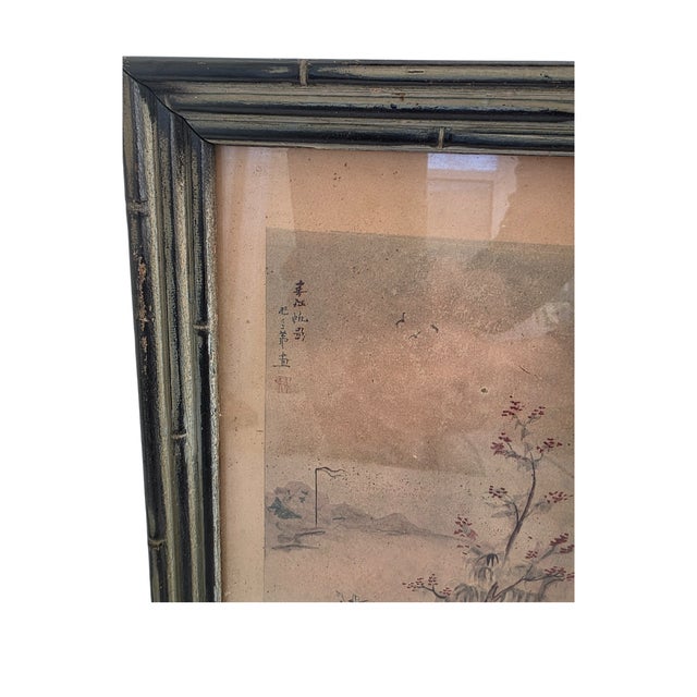 Pair of Mid-Century Antique Japanese Landscape Watercolors - Ebonized Bamboo Framed For Sale - Image 14 of 15