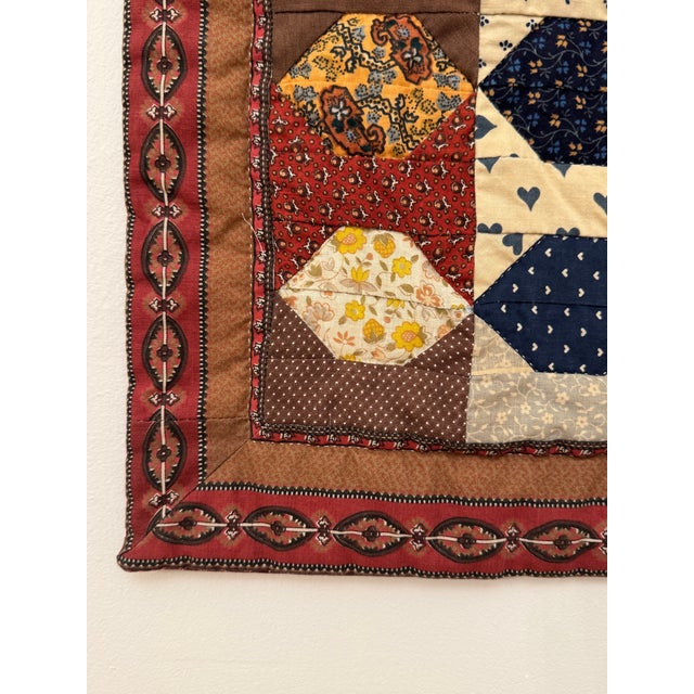 Vintage Traditional Americana Geometric Quilted Textile Art, Brown, Navy, Cream For Sale - Image 9 of 12