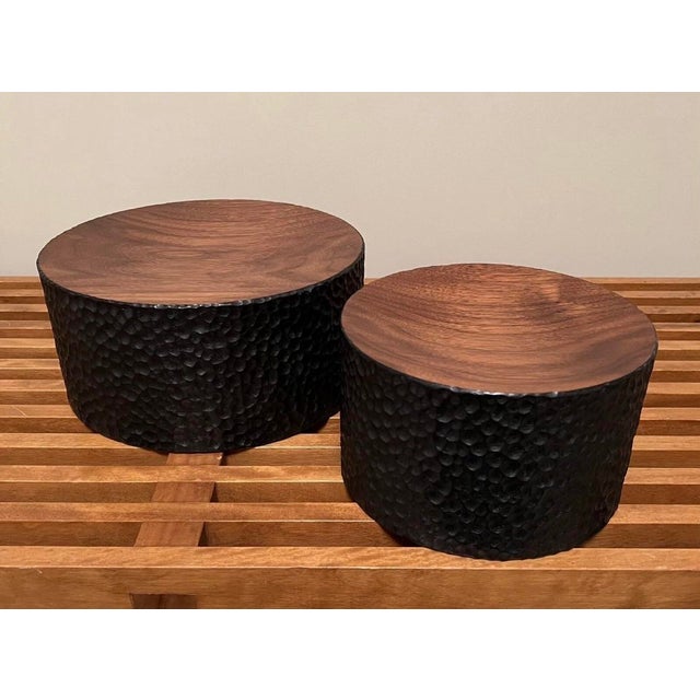 Pair of John Eric Byers Hand Carved Cylinder Solid Walnut Concave Bowl Sculptures Fine hand-detailed craftsmanship that...