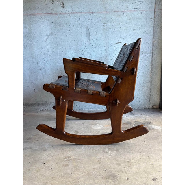 1960s Vintage Angel Pazmino Rocking Chair - Hand Tooled Leather Ecuador For Sale - Image 5 of 7