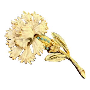 1950s Coro Enameled White Carnation Brooch With Turquoise-Colored Beads & Rhinestone