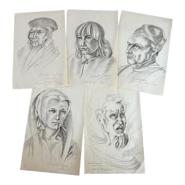 Mid 20th Century Old Master Artwork Drawings: Holbein, Michelangelo, Bonsignori (Set of 5) - Unknown Artist For Sale