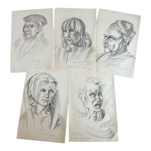 Mid 20th Century Old Master Artwork Drawings: Holbein, Michelangelo, Bonsignori (Set of 5) - Unknown Artist