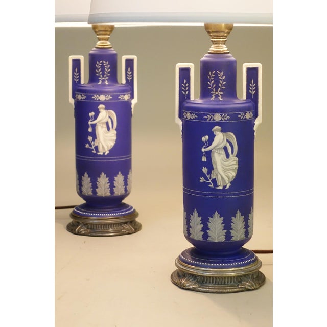 1930s Cobalt Noritake Wedgewood Jasperware Style Neoclassic Art Deco Table Lamps - a Pair For Sale In Los Angeles - Image 6 of 15