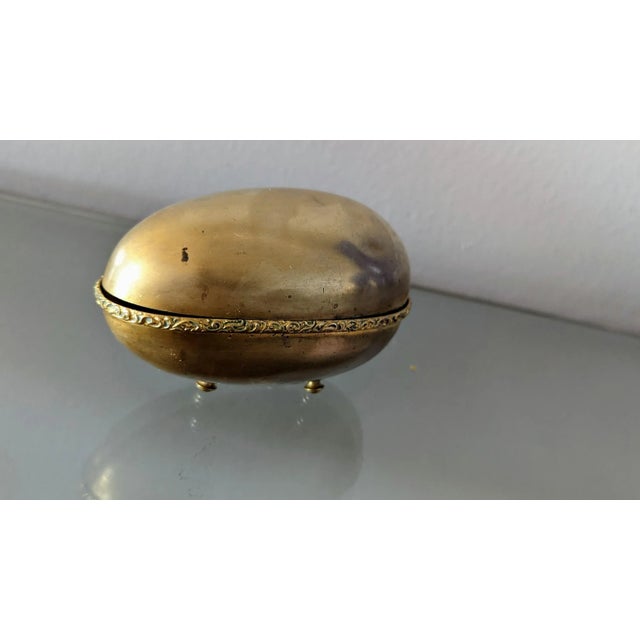 Victorian 1940s Brass Egg Trinket Box Trimmed With Ormolu Painted Egg Inside For Sale - Image 3 of 11
