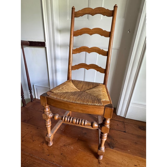 French Set of 6 French Country Style Oak Ladder-Back Dining Chairs With Rush Seats For Sale - Image 3 of 4
