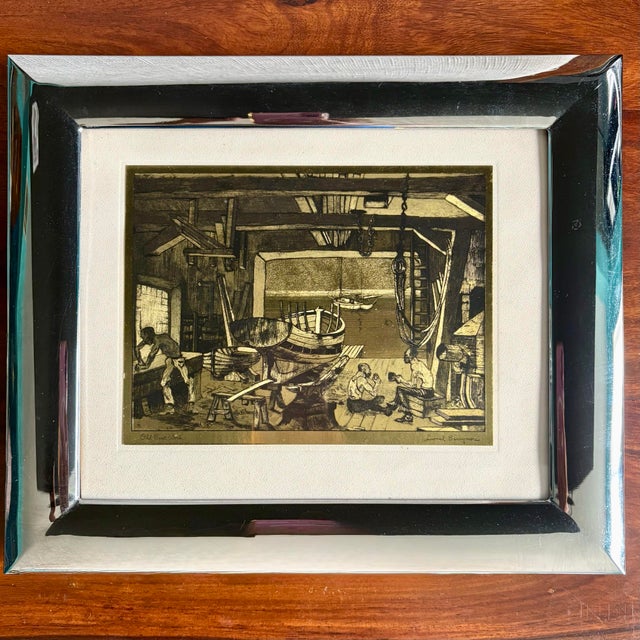 Mid-Century Modern 1960s Framed Lionel Barrymore “The Old Boat Works” Talio-Chrome Print in SIlver Frame, Mid-Century Nautical Art Reproduction For Sale - Image 3 of 11