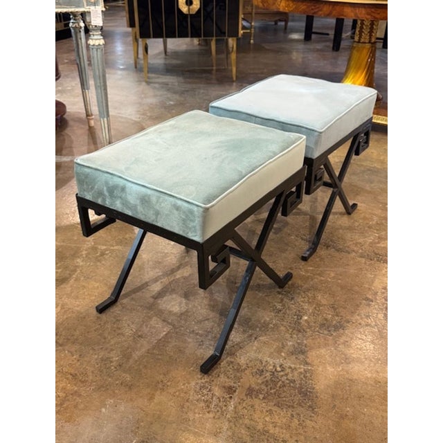 Good pair of French modern steel X form benches after Jean-Michel Frank. Jean‑Michel Frank’s aesthetic—spare geometry,...