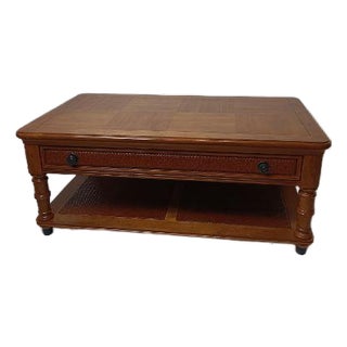 1980s Coffee Table Broyhill Faux Bamboo Wood Medium Tone Drawer Shelf Tropical Style For Sale