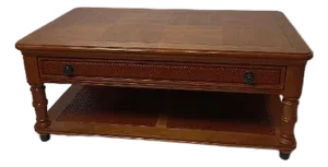1980s Coffee Table Broyhill Faux Bamboo Wood Medium Tone Drawer Shelf Tropical Style