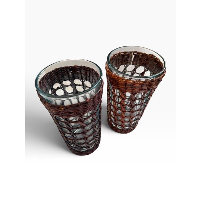Vintage Wicker-Wrapped Glass Tumblers With Removable Sleeves - Set of 2 For Sale - Image 4 of 5