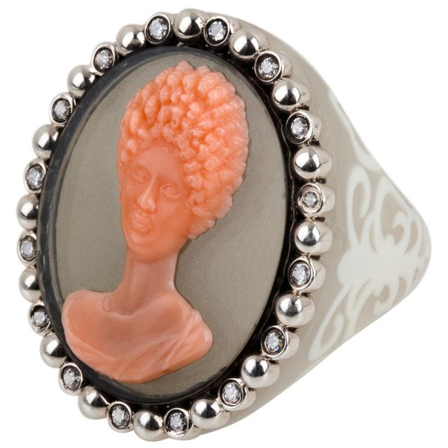 Miriam Salat Mythological Roman Cameo Resin Ring Set In Sterling Silver & Topaz For Sale - Image 15 of 18