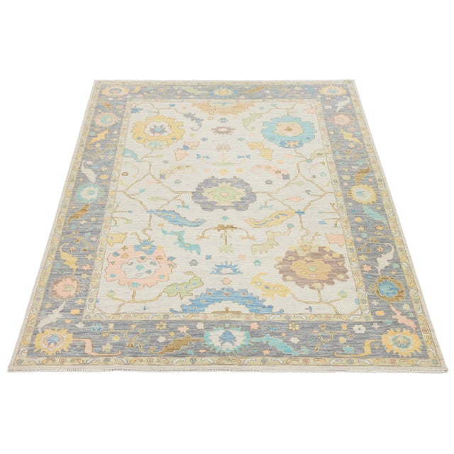 Contemporary Pastel Oushak Style Hand-Knotted Wool Rug – Soft Neutral & Blue For Sale - Image 9 of 12