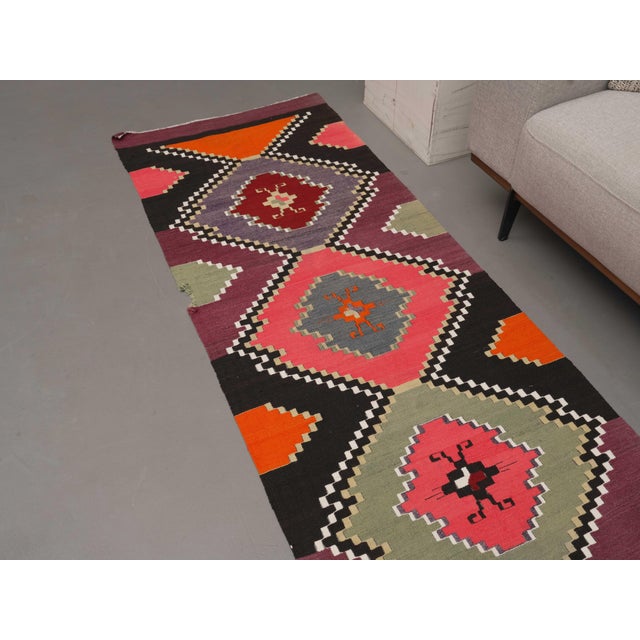 Boho Chic 1970s Vintage Handmade Wool Cotton Purple Runner Rug For Sale - Image 3 of 11