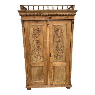 Early 1900s Pine Engraved Vine Door Armoire For Sale