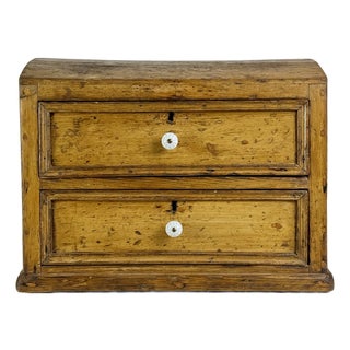 Antique Wooden Two Drawer Tabletop Cabinet With Dome Treasure Chest Top in Golden Brown For Sale