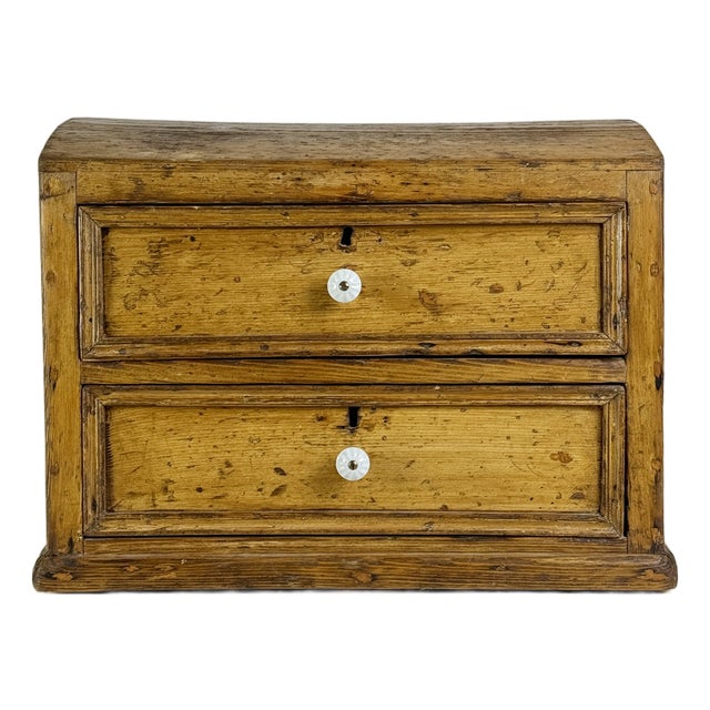 Antique Wooden Two Drawer Tabletop Cabinet With Dome Treasure Chest Top in Golden Brown For Sale