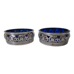 Vintage English Cobalt Silverplate Wine Coasters, Pair