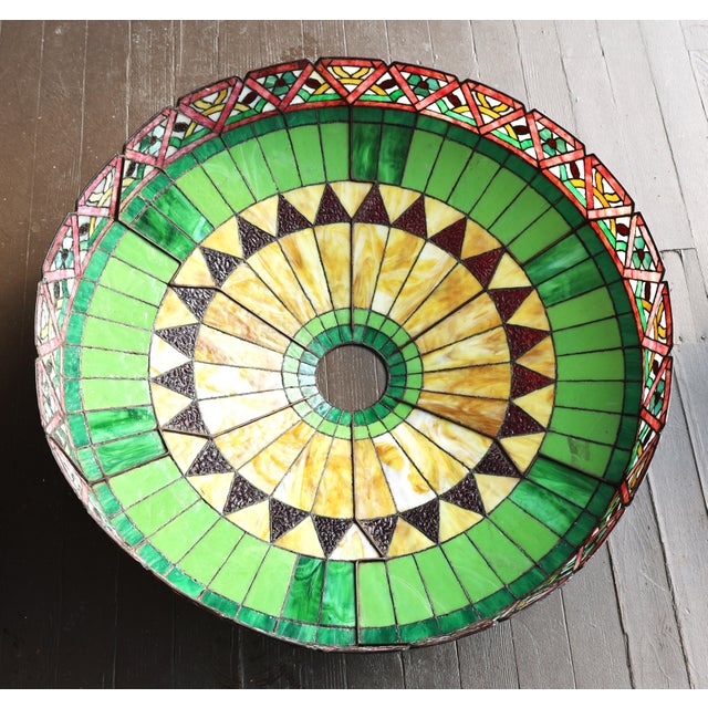 John Morgan & Sons Large 33 Inch Diameter Geometric Leaded Stain Glass Shade - Colorful For Sale - Image 9 of 10